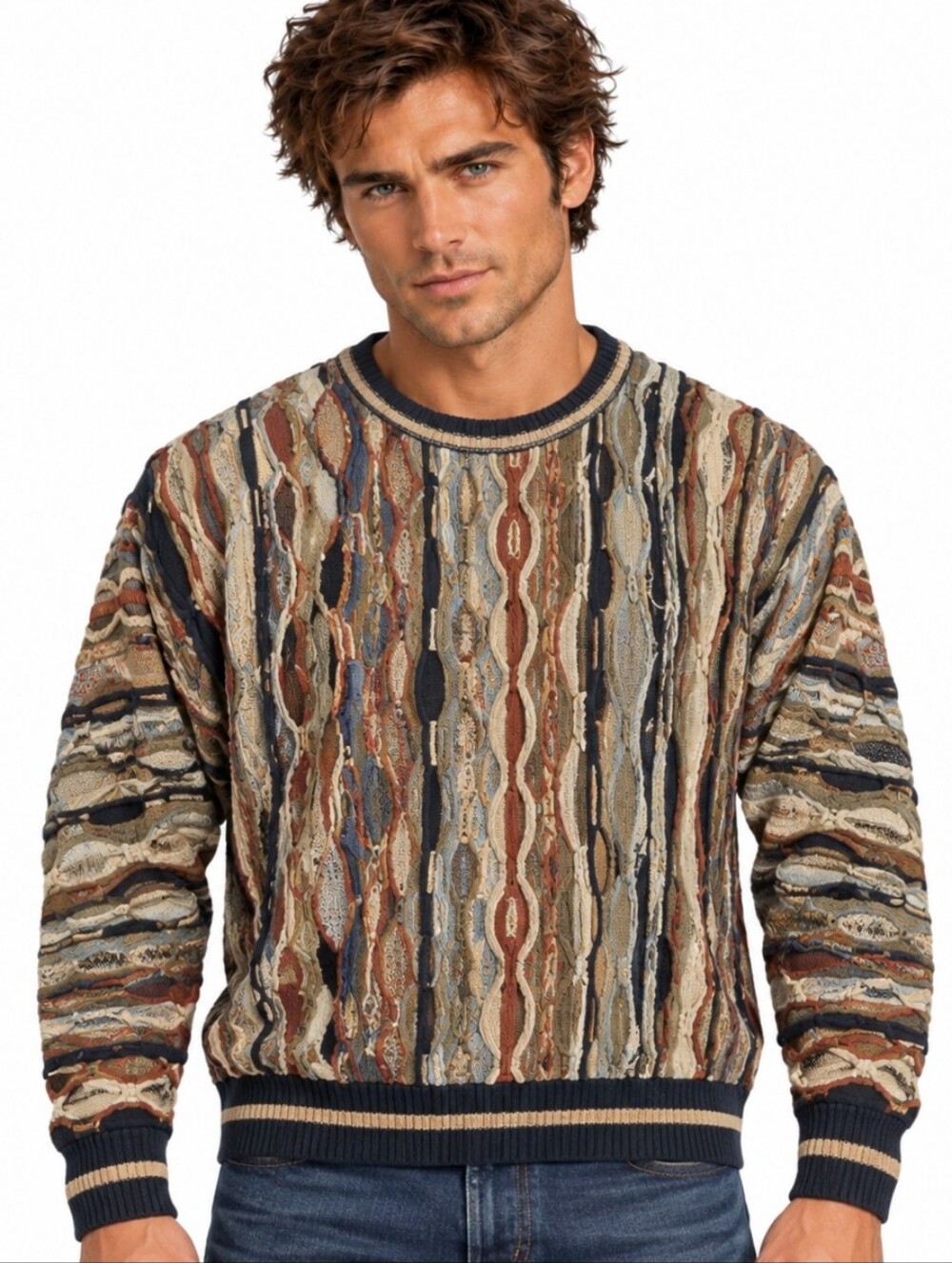 Vintage J. Ferrar Men's Large 3D Textured Multicolor Cable Knit Sweater